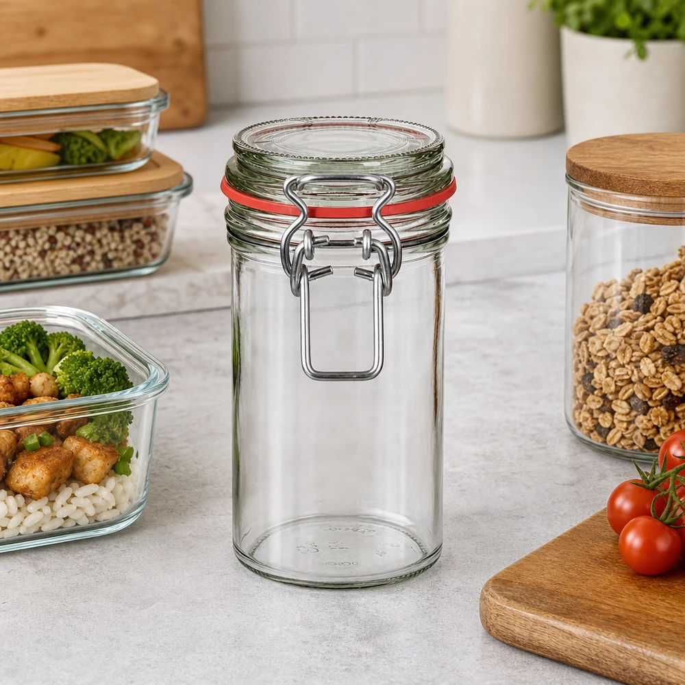 Bocal de conservation de 272 ml, type G, avec bouchon à clip UN.. Bocal à provisions de 272 ml avec fermeture à étrier vide sur le plan de travail de la cuisine à côté des récipients à provisions remplis et des ingrédients frais