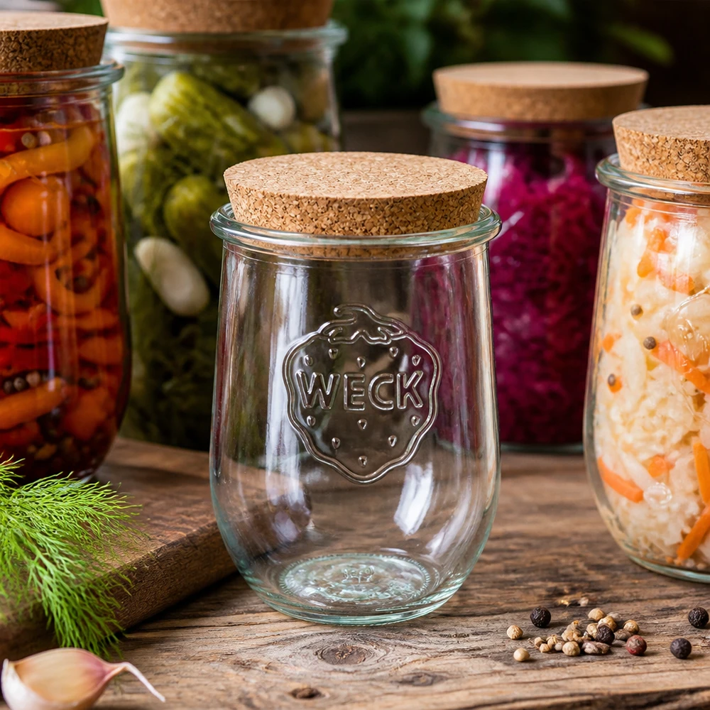 1062ml bocal tulipe WECK RR100 avec bouchon nature WECK RR100 Pot tulipe 1062ml avec bouchon entre des bocaux de fermentation colorés Légumes marinés sur table en bois