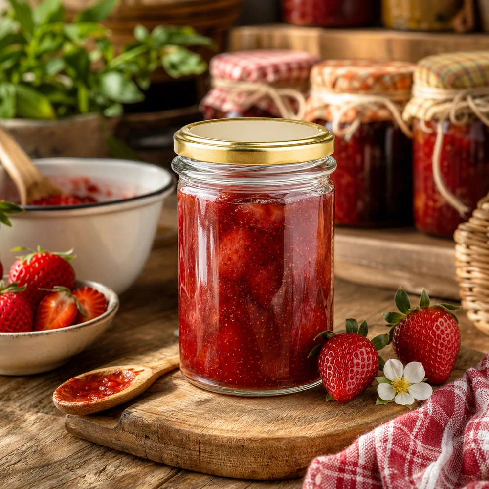 230ml Verre conique avec couvercle BasicSeal or UNiTWIST Verre renversé de 230 ml avec couvercle doré BasicSeal UNiTWIST rempli de confiture de fraises à côté de fraises fraîches