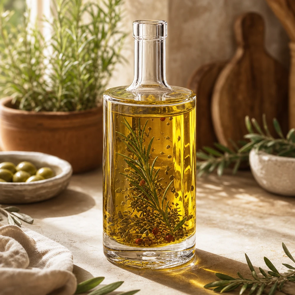 Bouteille en verre Nora de 500 ml remplie d'huile aux herbes et de romarin décoration de cuisine méditerranéenne UNiTWIST