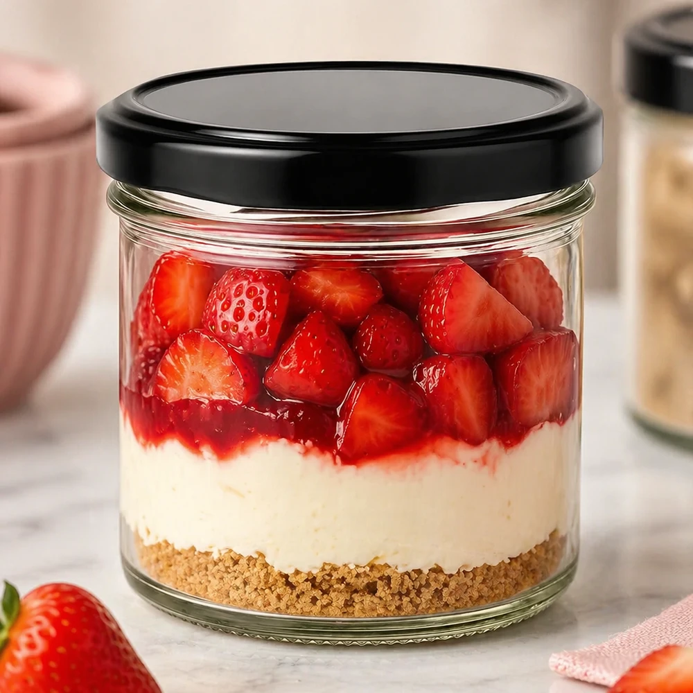 125ml Verre conique avec couvercle BasicSeal noir UNiTWIST Verre renversé de 125 ml avec couvercle BasicSeal noir comme verre à dessert avec fraises crème et fond de biscuit Cheesecake