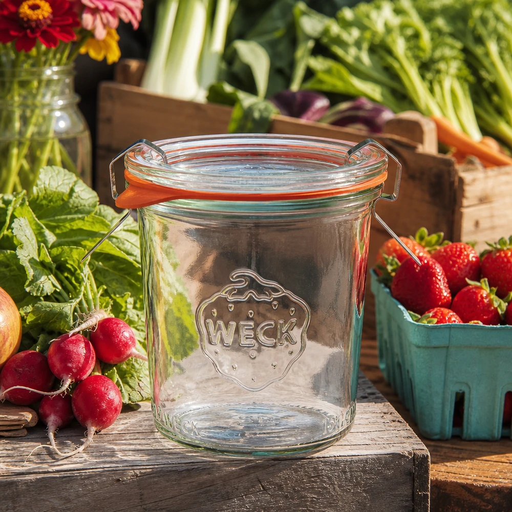 160ml bocal conique complet WECK RR60 WECK 160ml pot renversé RR60 vide avec fermeture à étrier entre des fruits et légumes frais sur une table en bois rustique