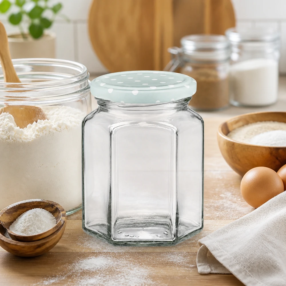 Pot 288 ml hexagonal + couvercle BasicSeal points menthe UNiTWIST Hexaglas vide de 288ml avec couvercle BasicSeal points menthe dans cuisine avec ingrédients farine oeufs et bols en bois