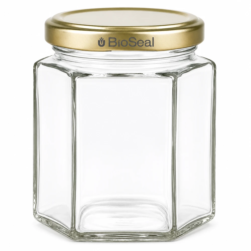 Pot de miel hexagonal de 250g avec couvercle à visser BioSeal doré vide transparent Conserve de miel en verre