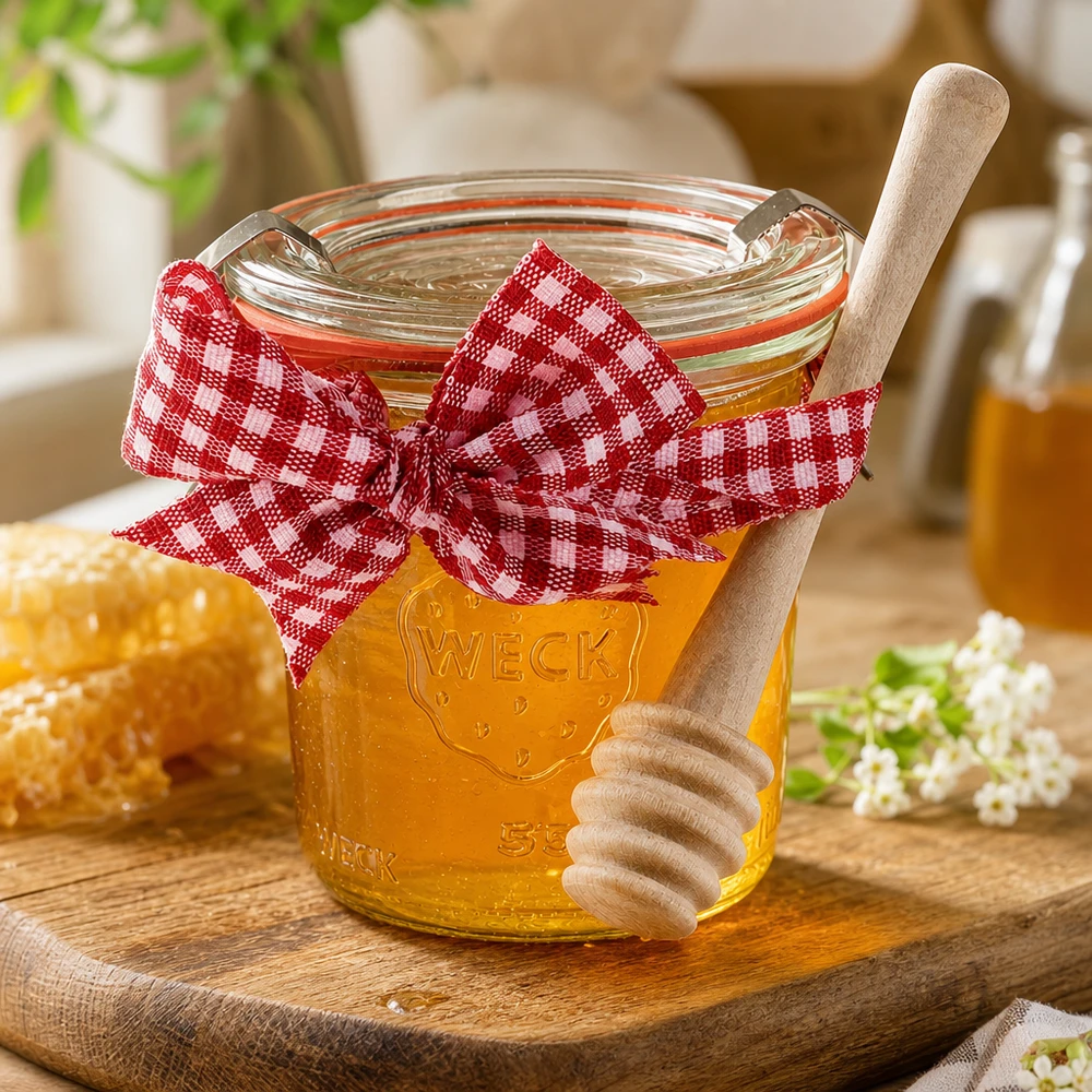 WECK Mini pot 140ml rempli de miel Vichy rouge noeud en bois cuillère à miel nid d'abeille style campagnard