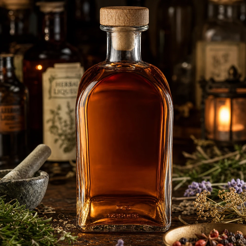 Bouteille en verre Julia de 500 ml avec bouchon en bois remplie de liqueur aux herbes dans une ancienne pharmacie entre mortier et herbes médicinales