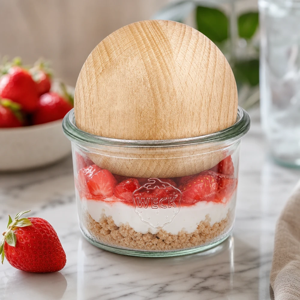WECK Verre renversé 200ml RR80 avec boule en hêtre comme verre à dessert pour dessert stratifié aux fraises sur table en marbre