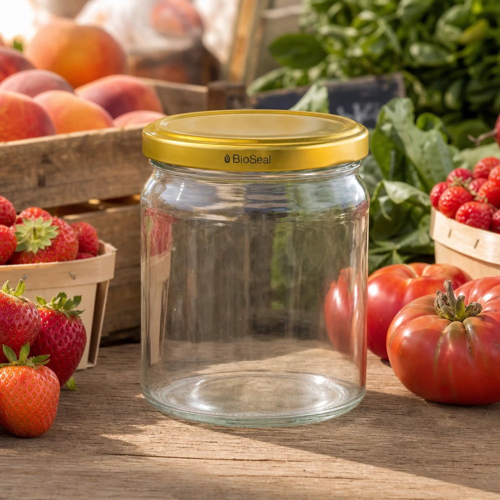 UNiTWIST Runda408 Pot de conserve vide avec couvercle BioSeal doré entre des fraises et des tomates fraîches sur une table en bois