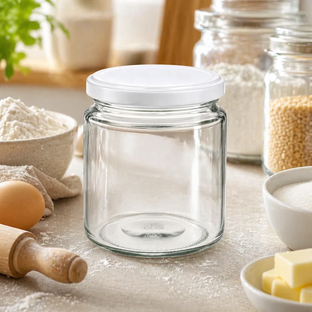 Pot à miel 350 g avec couvercle blanc BasicSeal UNiTWIST Pot de miel de 250 ml vide avec couvercle blanc UNiTWIST dans la cuisine entre la farine, les œufs et les ustensiles de cuisson.