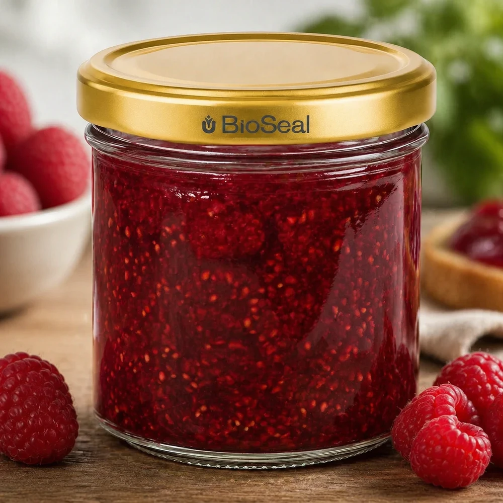 Pot à miel 200 g avec couvercle doré BioSeal UNiTWIST BioSeal pot de confiture 200g rempli de confiture de framboises entouré de framboises fraîches sur un fond en bois