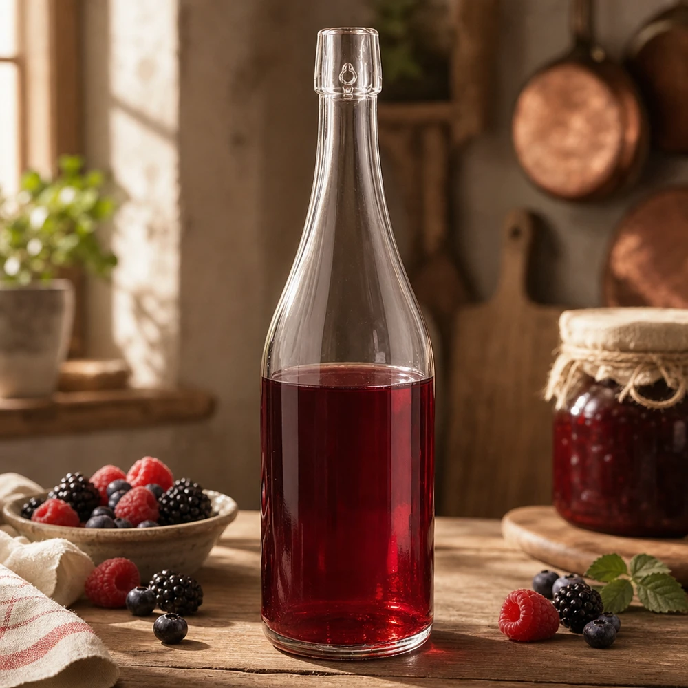750ml UNiTWIST Bouteille en verre remplie de jus de baies cuisine rustique myrtilles framboises mûres application