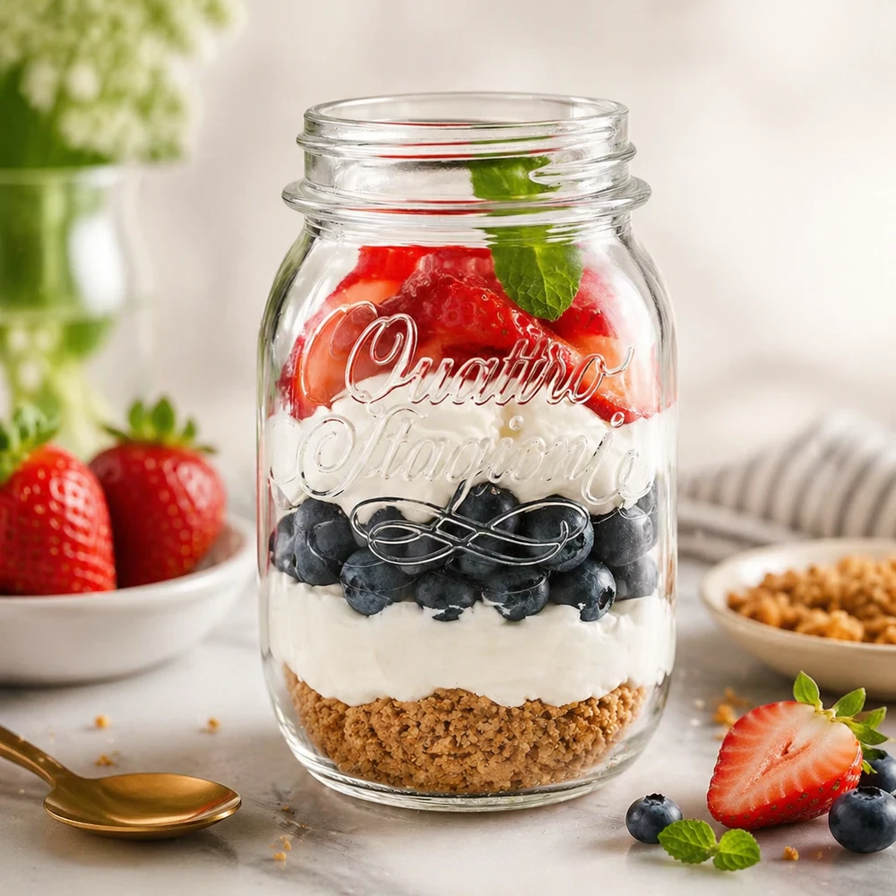 500ml Verre rond "Quattro Stagioni" QS70mm Verrine Quattro Stagioni de 500 ml remplie d'un dessert stratifié à base de biscuits, de yaourt, de myrtilles et de fraises