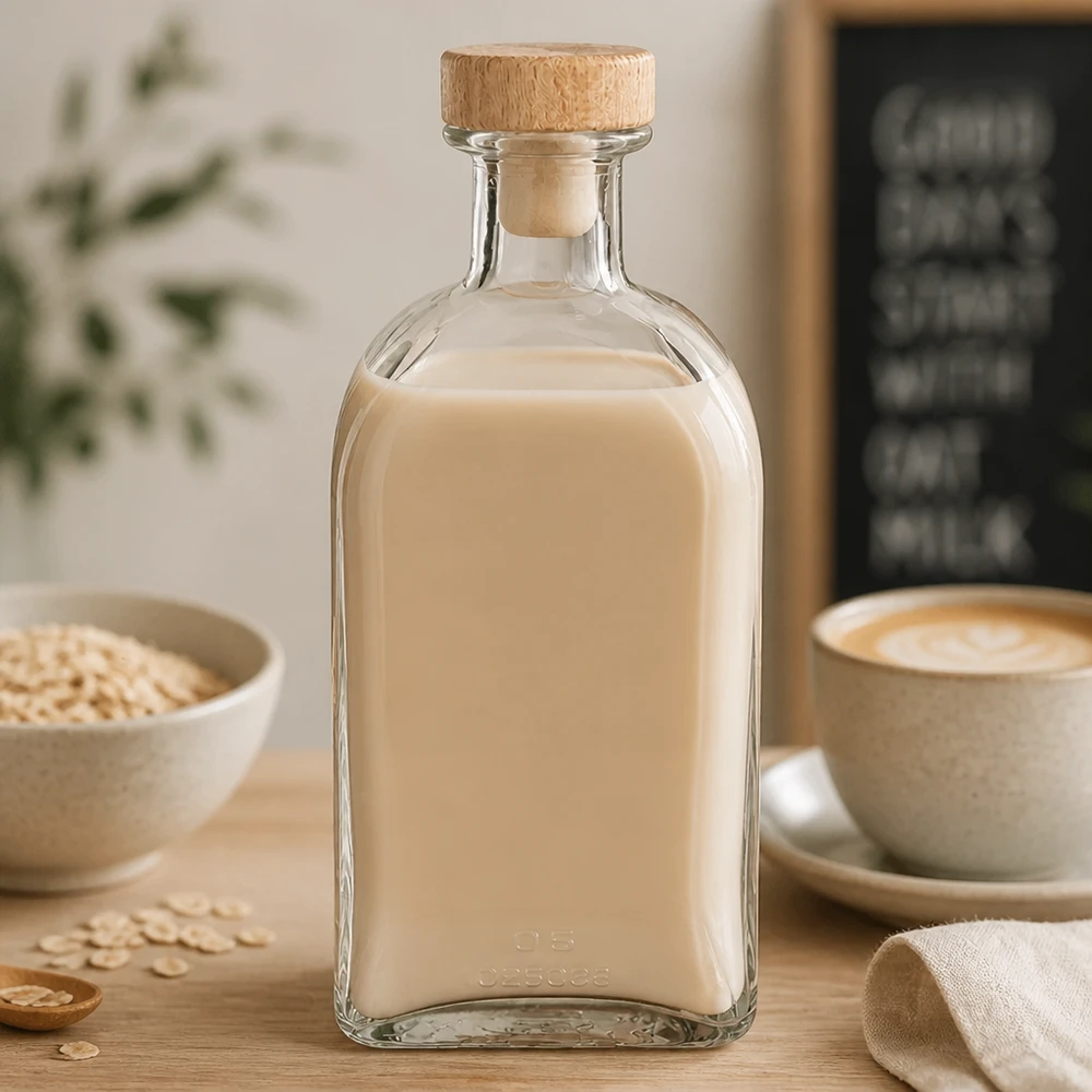 Flacon à pharmacie « Julia » 500 ml avec bouchon en bois UNiTWIST® Bouteille en verre Julia de 500 ml avec bouchon en bois remplie de lait d'avoine dans la cuisine à côté d'une tasse de café et de flocons d'avoine