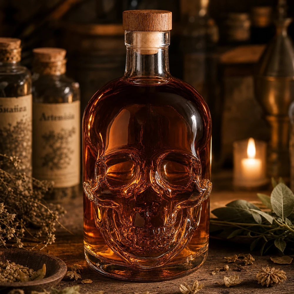 Bouteille en verre Jack 500ml avec tête de mort et liquide ambré dans une atmosphère de pharmacie rustique avec bougie et herbes.