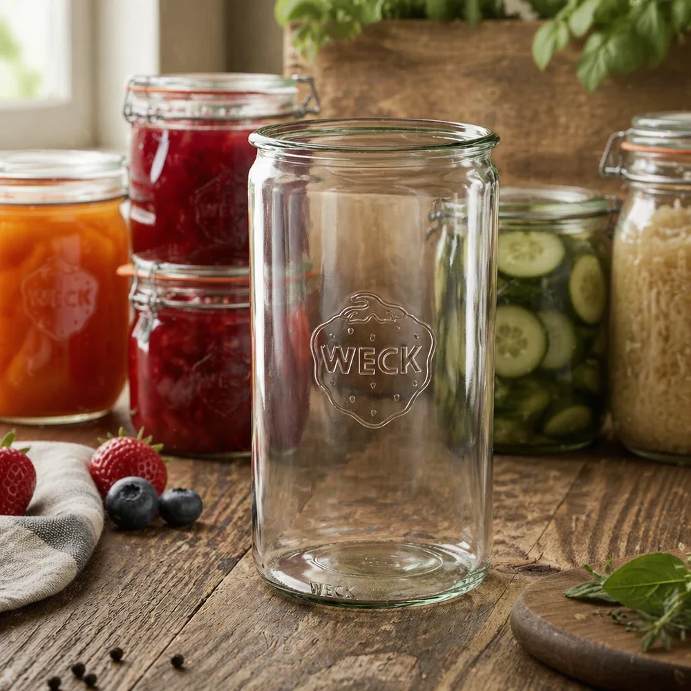 Bocal cylindrique en verre WECK RR100 de 1590 ml WECK RR100 Pot cylindrique 1590ml transparent sur une table en bois avec des pots de confiture et des conserves en arrière-plan