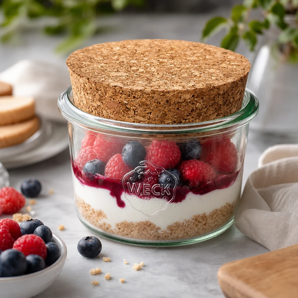 80ml bocal conique WECK RR60 avec bouchon nature WECK Verre renversé 80ml RR60 avec bouchon comme verre à dessert pour le tiramisu aux baies dessert en couches parfaitement portionné