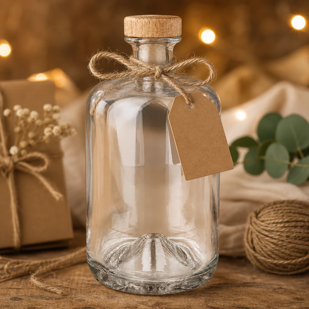 Bouteille en verre Sofia de 700 ml avec bouchon en liège et étiquette cadeau dans une décoration rustique avec jute et guirlande lumineuse