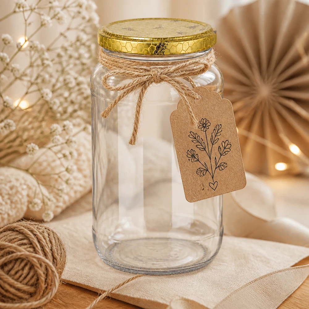 1062ml verre rond vide avec couvercle en nid d'abeille doré et étiquette cadeau décoration rustique fil de bricolage