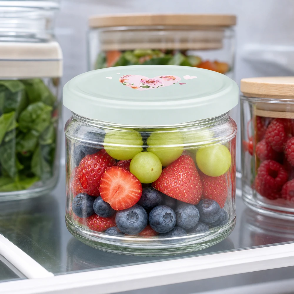 Bocal rond de 330 ml + couvercle BasicSeal cur menthe UNiTWIST 330ml Rundglas frisches Obst Erdbeeren Heidelbeeren Trauben BasicSeal Deckel Herzmotiv mint Kühlschrank Frischhaltung