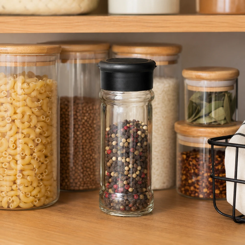 Pot à épices de 100 ml contenant des grains de poivre multicolores et muni d'un saupoudreur noir, disponible chez Küchenpantry