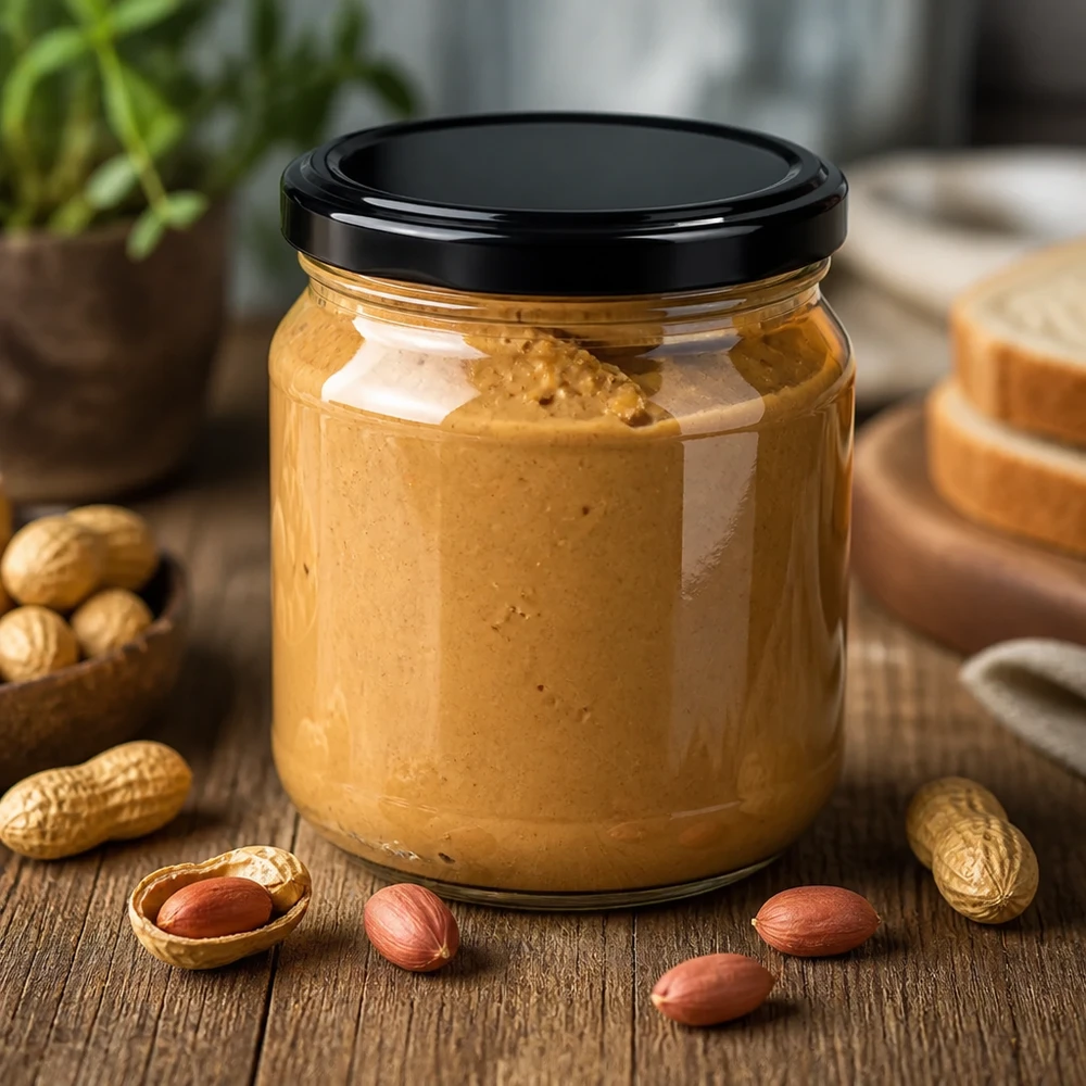 Pot rond de 212 ml avec couvercle BasicSeal noir rempli de beurre de cacahuètes crémeux entouré de cacahuètes et de tranches de pain