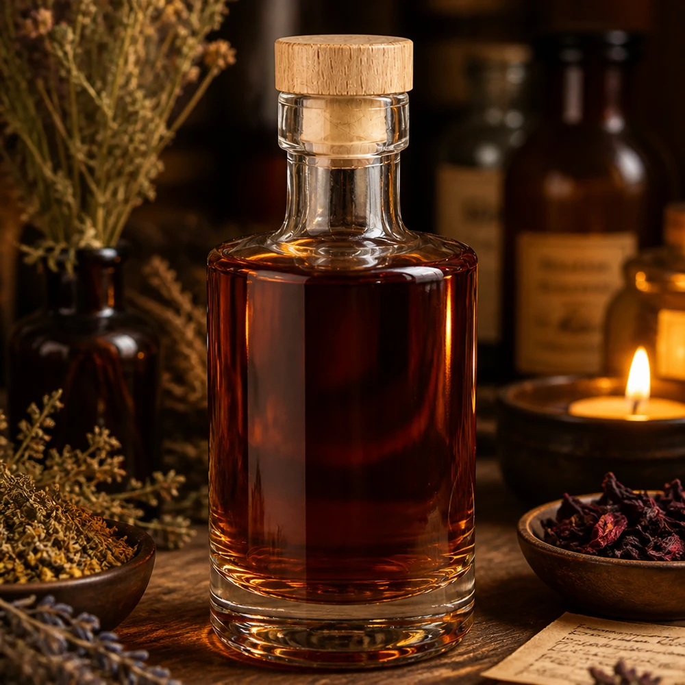 Bouteille en verre 200 ml « Marie » avec bouchon en bois UNiTWIST® Bouteille en verre Marie de 200 ml avec liquide ambré, bouchon en bois et liège, décoration rustique avec bougie et herbes aromatiques