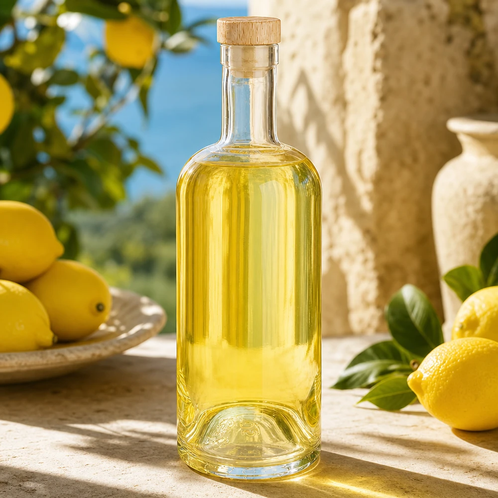Bouteille en verre 750 ml « Emma » avec bouchon en bois UNiTWIST® Bouteille en verre Emma de 750 ml avec bouchon en bois remplie d'un liquide jaunâtre dans un environnement méditerranéen citronné