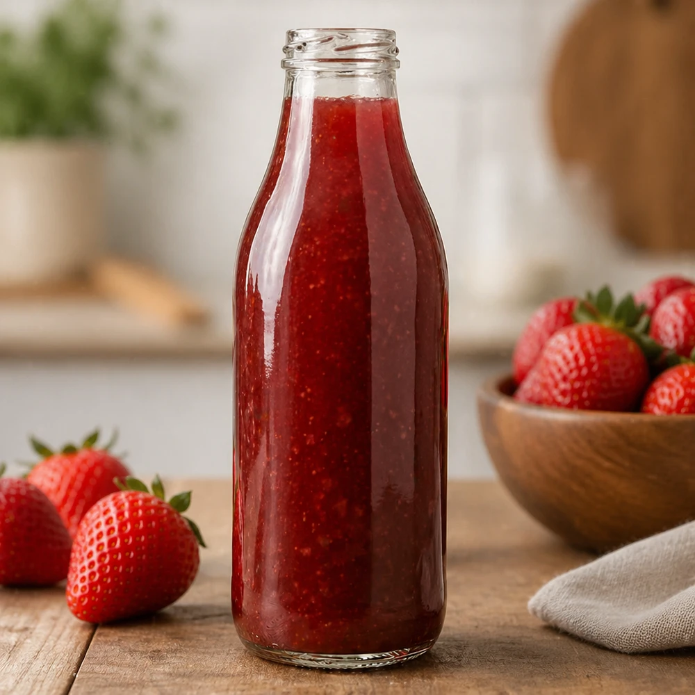 1000ml Bouteille sans bouchon (TO48) UNiTWIST Bouteille en verre de 1000ml TO48 UNiTWIST remplie de jus de fraise dans la cuisine Exemple d'utilisation bouteille de smoothie rouge