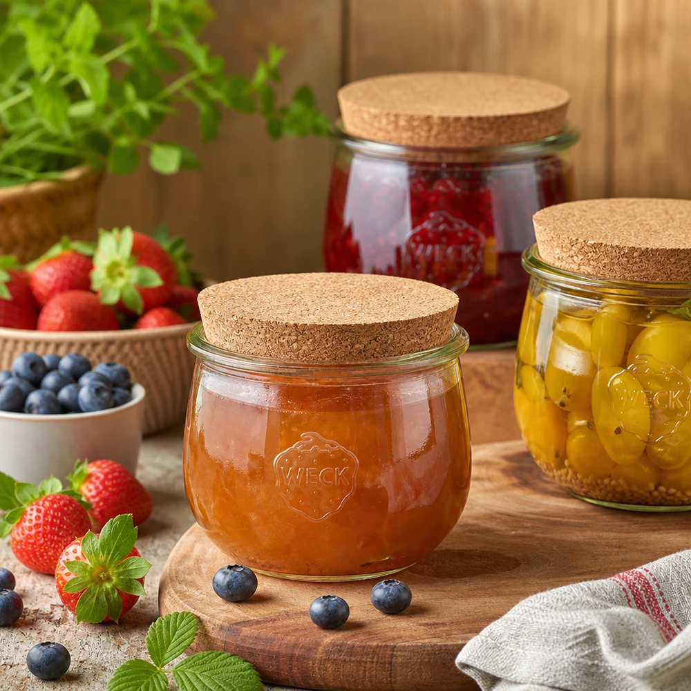 580ml bocal tulipe WECK RR100 avec bouchon nature WECK Pots tulipes avec couvercle en liège remplis de confiture et de légumes marinés à côté de baies fraîches