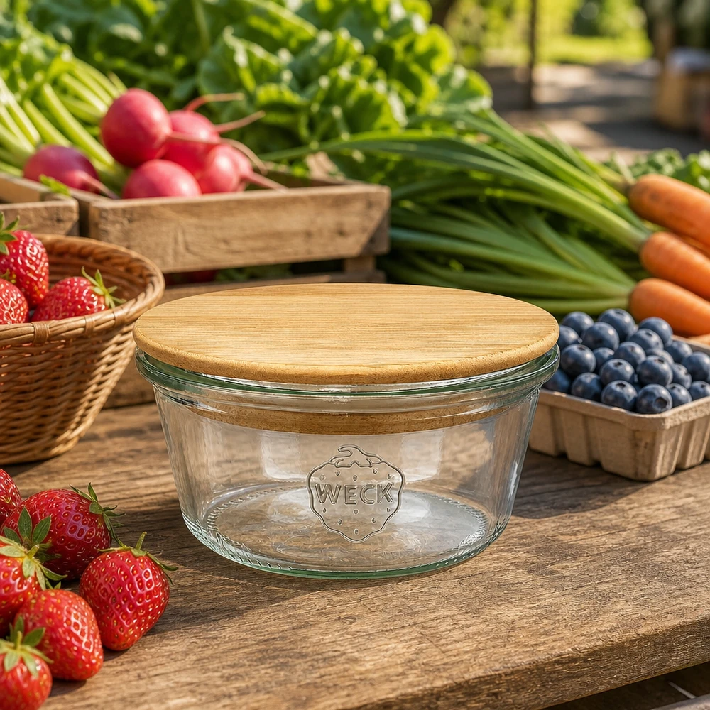 290ml bocal conique faible WECK RR80 avec couvercle en bois WECK Verre renversé 290ml RR100 avec couvercle en bois de bambou, disposé entre des fruits et légumes frais sur une table en bois rustique