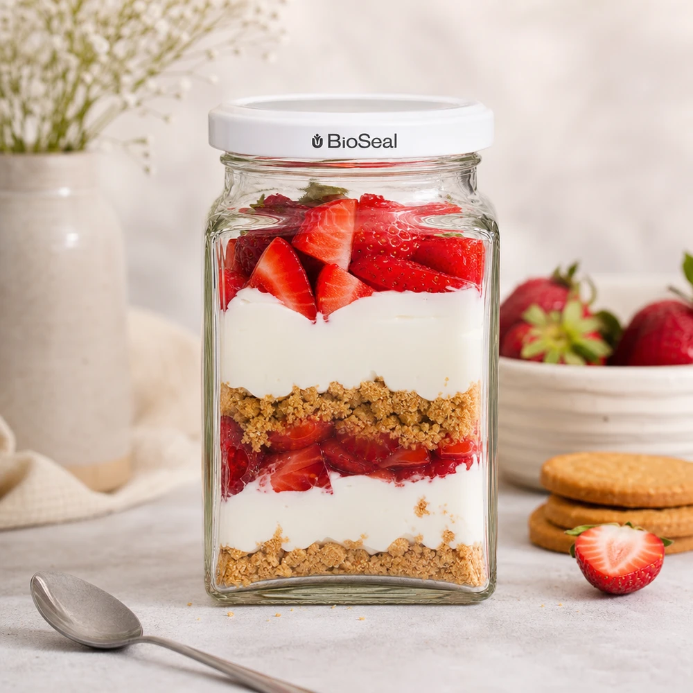 260ml Tetraglas avec couvercle BioSeal blanc UNiTWIST UNiTWIST Tetra260 Dessertglas mit Erdbeeren Joghurt Kekskrümeln geschichtet weißer TO58 BioSeal Deckel Nachtisch