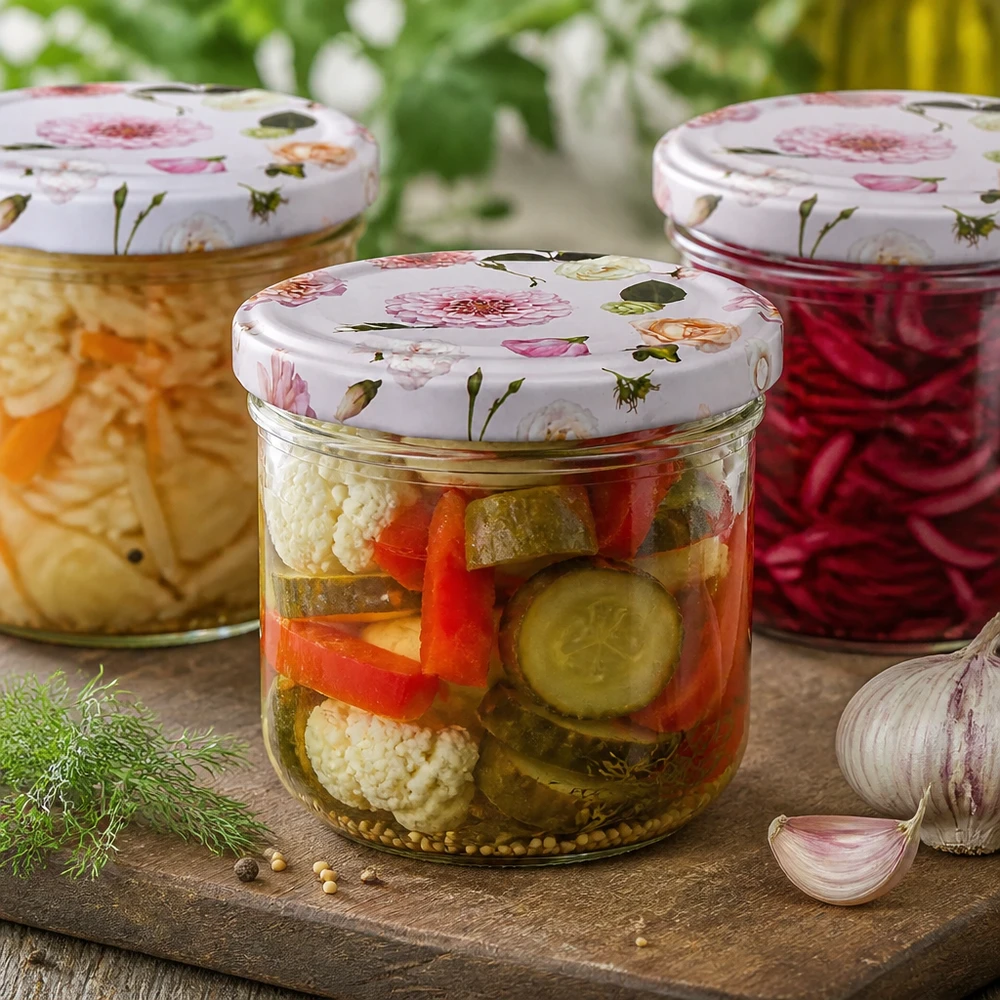 Légumes marinés en bocal renversé de 260ml avec couvercle rose à fleurs - bocal pour conserves acides et aliments marinés