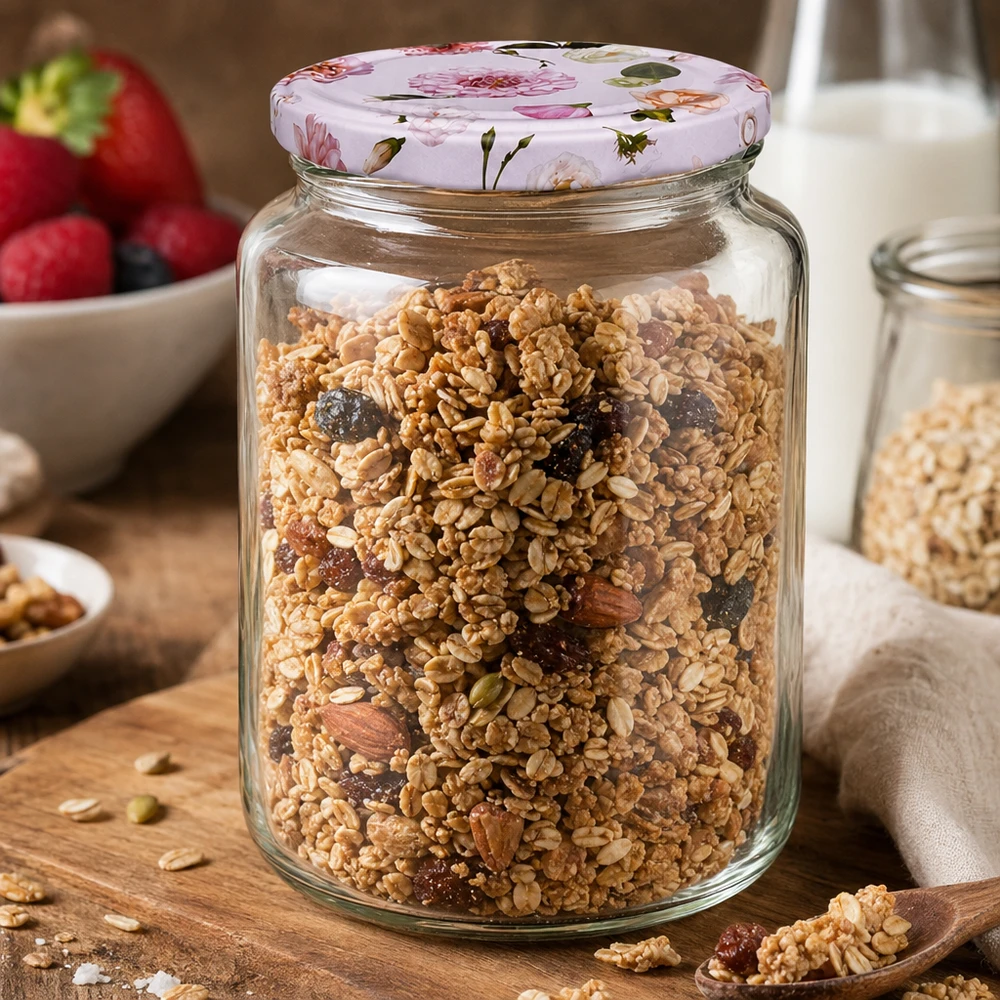 Pot rond de 795 ml + couvercle BasicSeal fleur rose UNiTWIST 795ml Rundglas mit Müsli Nüssen Trockenfrüchten BasicSeal Deckel rosa Blumen Frühstück Vorratsbehälter Küche