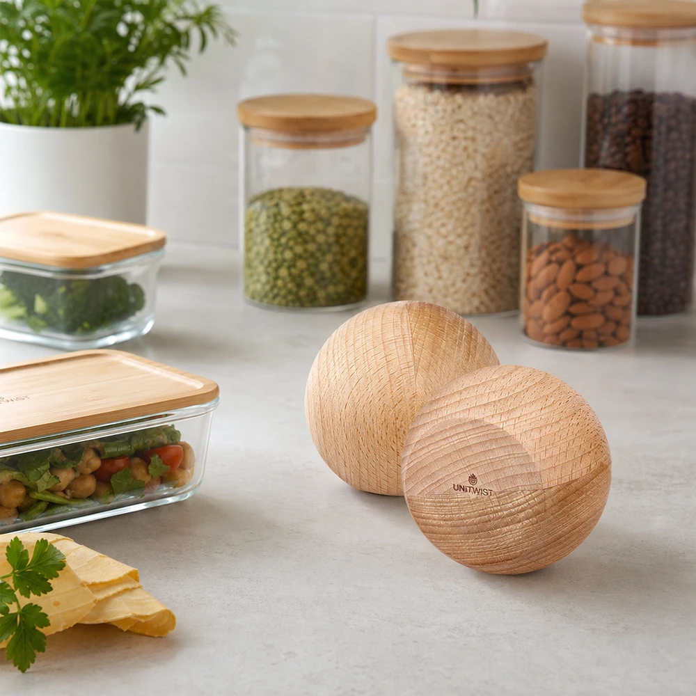 UNiTWIST Sphère en bois (hêtre) pour WECK RR80 UNiTWIST Holzkugeln aus Buche im Küchenambiente - nachhaltige Aufbewahrung mit WECK Gläsern und Vorratsdosen
