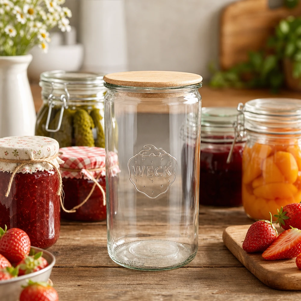 WECK Pot de conserve 1590ml RR100 dans scène de cuisine avec confiture et fraises fraîches sur table en bois