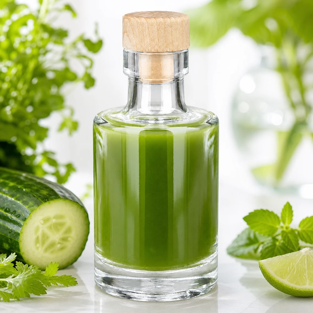 Bouteille en verre 100 ml « Marie » avec bouchon en bois UNiTWIST® Bouteille en verre Marie de 100 ml avec bouchon en bois remplie de smoothie vert à côté de concombre citron vert et d'herbes Setup frais