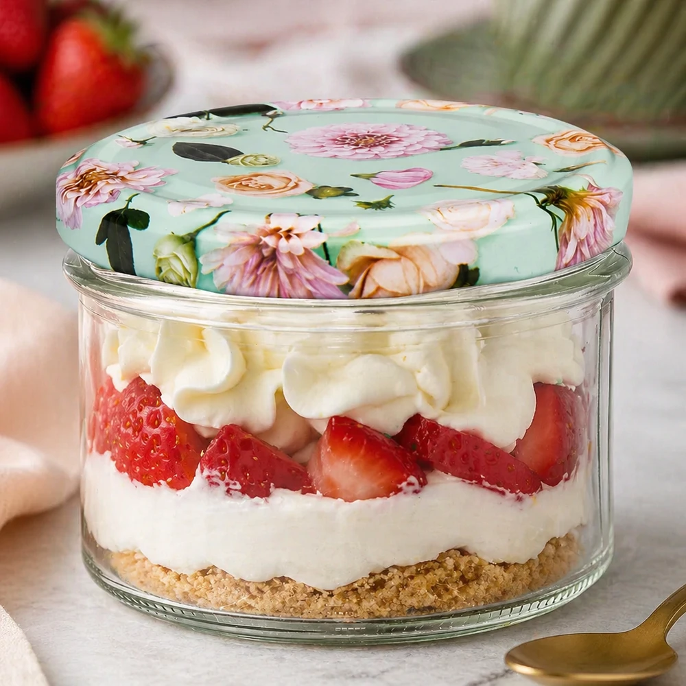 Verres de 180 ml + couvercle BasicSeal fleur de menthe UNiTWIST Verre renversé de 225 ml avec couvercle à fleurs menthe rempli d'un dessert stratifié aux fraises, fermeture UNiTWIST pour gourmandises sucrées
