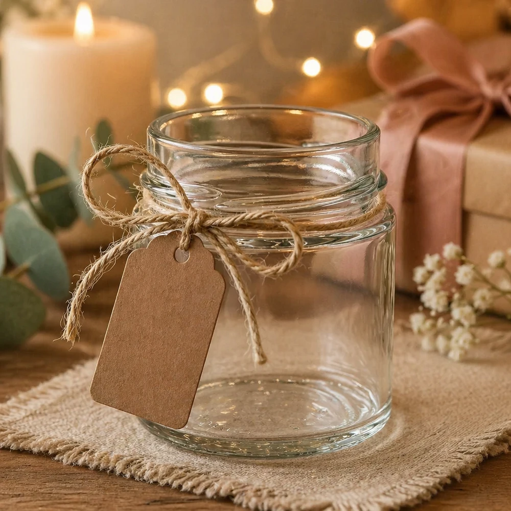 135ml Verre rond sans couvercle (TO58deep) UNiTWIST UNiTWIST Verre rond 135ml TO58deep vide avec ficelle de jute et pendentif en papier kraft décoré sur une table en bois rustique