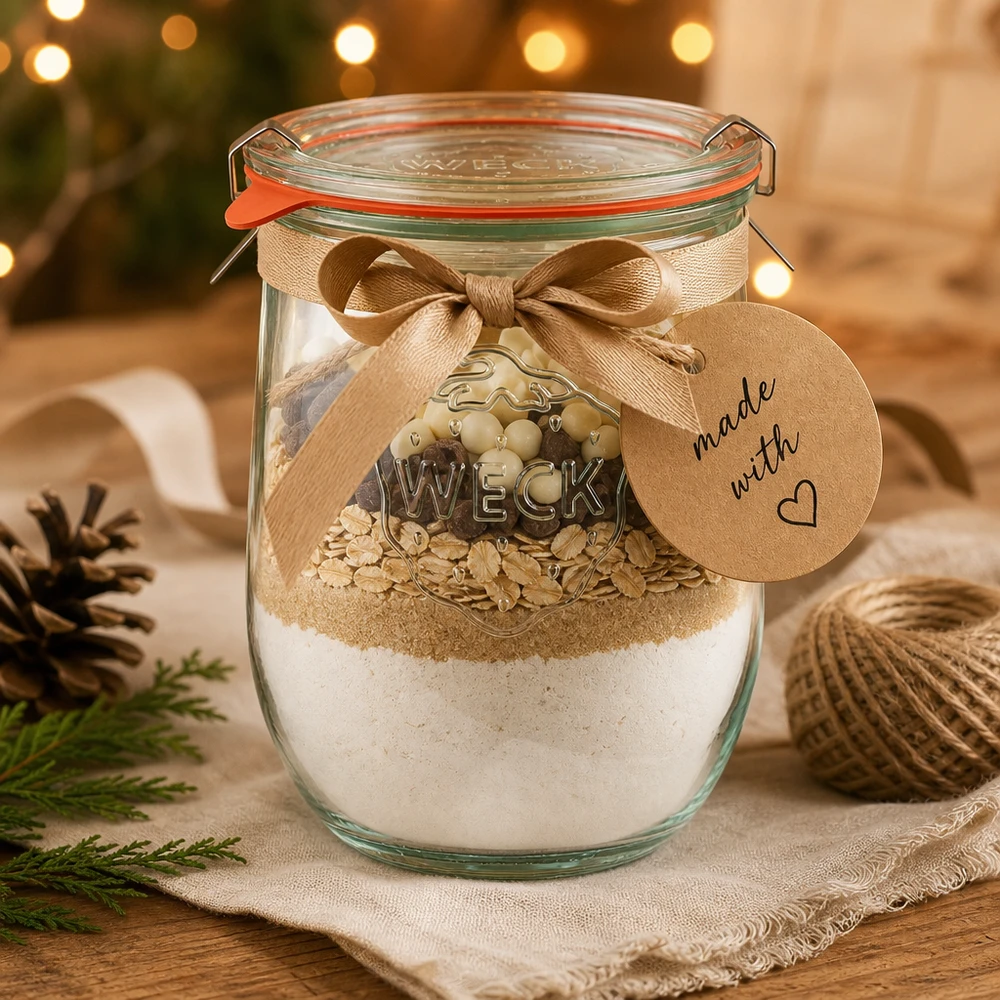 1062ml bocal tulipe complet WECK RR100 WECK Pot tulipe 1062ml RR100 comme emballage cadeau avec ruban de mélange de biscuits et pendentif Made with Love pour Noël
