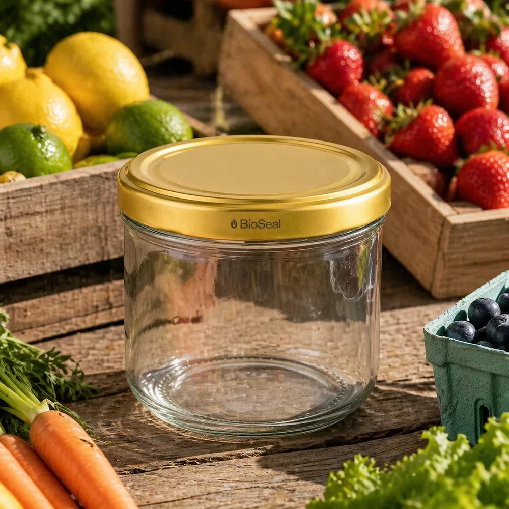 Verre renversé UNiTWIST 260ml avec couvercle TO82 BioSeal Gold entre des fruits et légumes frais sur une table en bois rustique