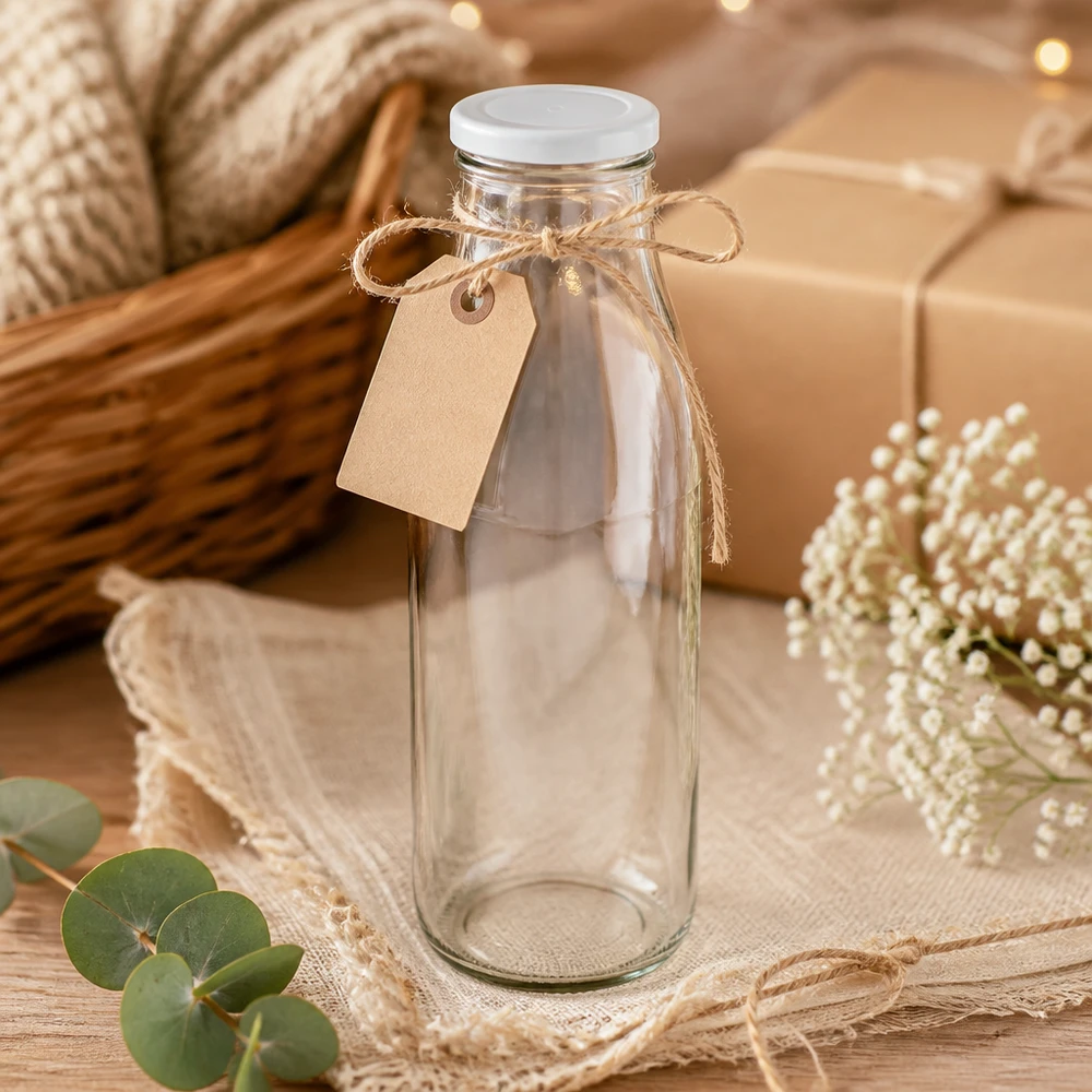 Bouteille en verre de 500 ml avec couvercle blanc décoratif avec corde de jute et pendentif design cadeau rustique