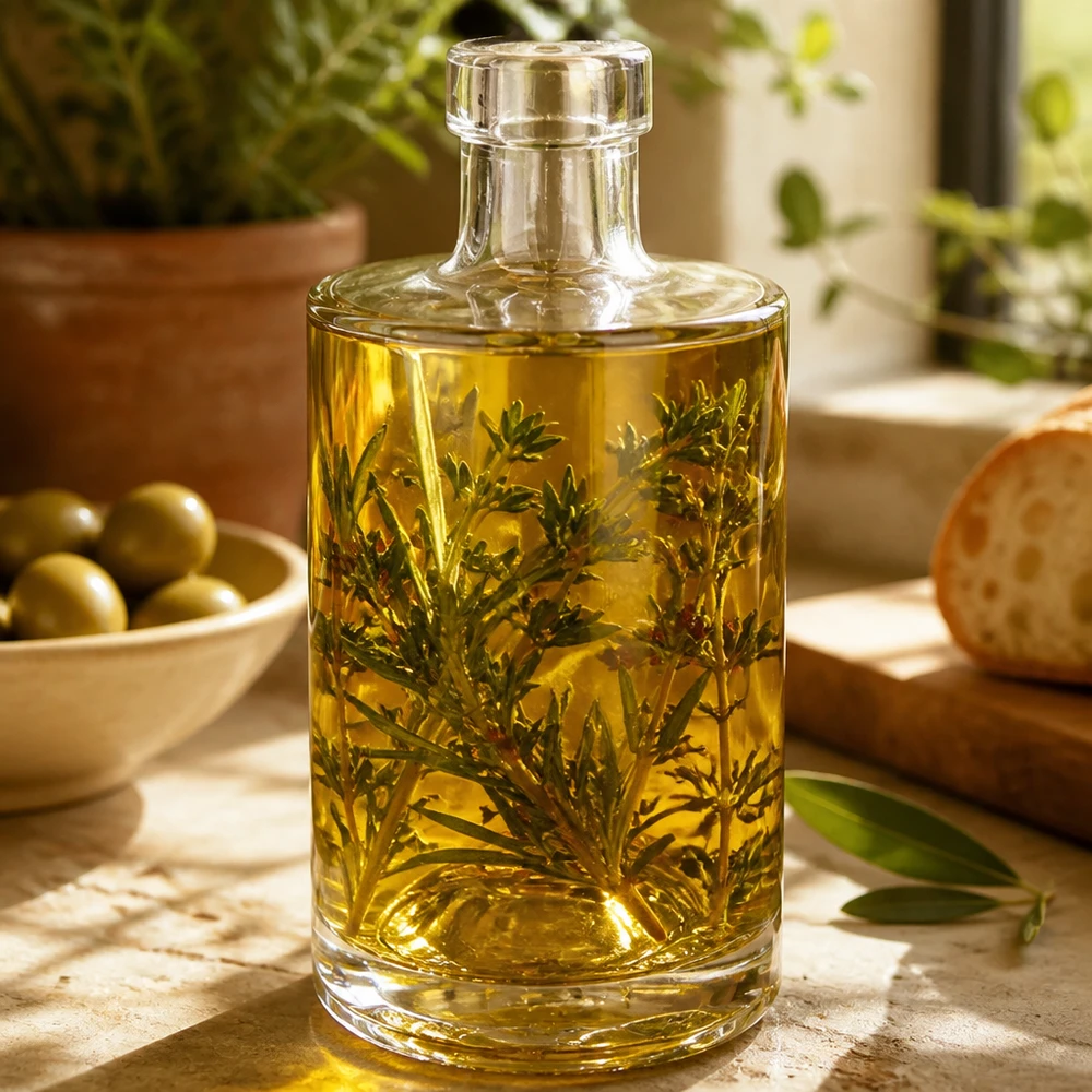 Bouteille en verre Marie de 350 ml remplie d'huile aux herbes Branches de romarin décoratives Exemple d'utilisation cuisine Image 2 sur 10