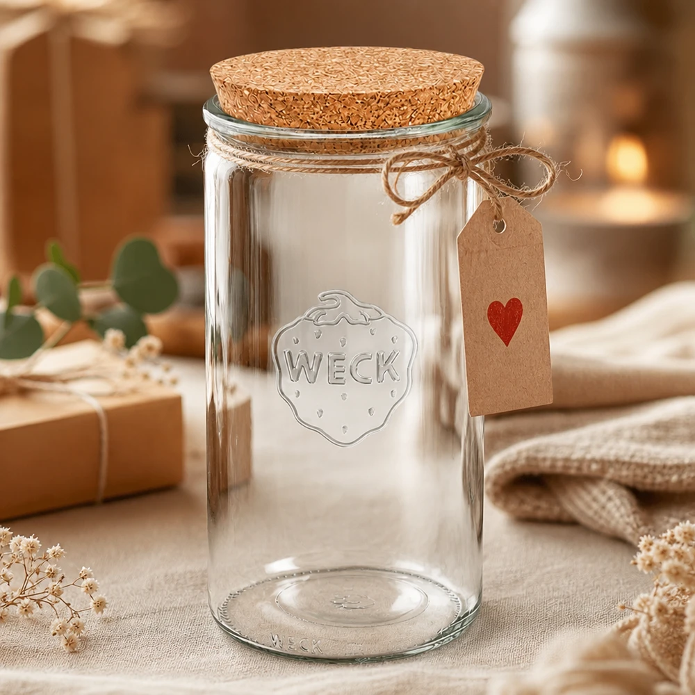 1590ml bocal cylindrique WECK RR100 avec bouchon nature WECK Pot de conservation 1590ml RR100 avec couvercle en liège et étiquette cadeau arrangé de manière décorative avec des textiles et des fleurs