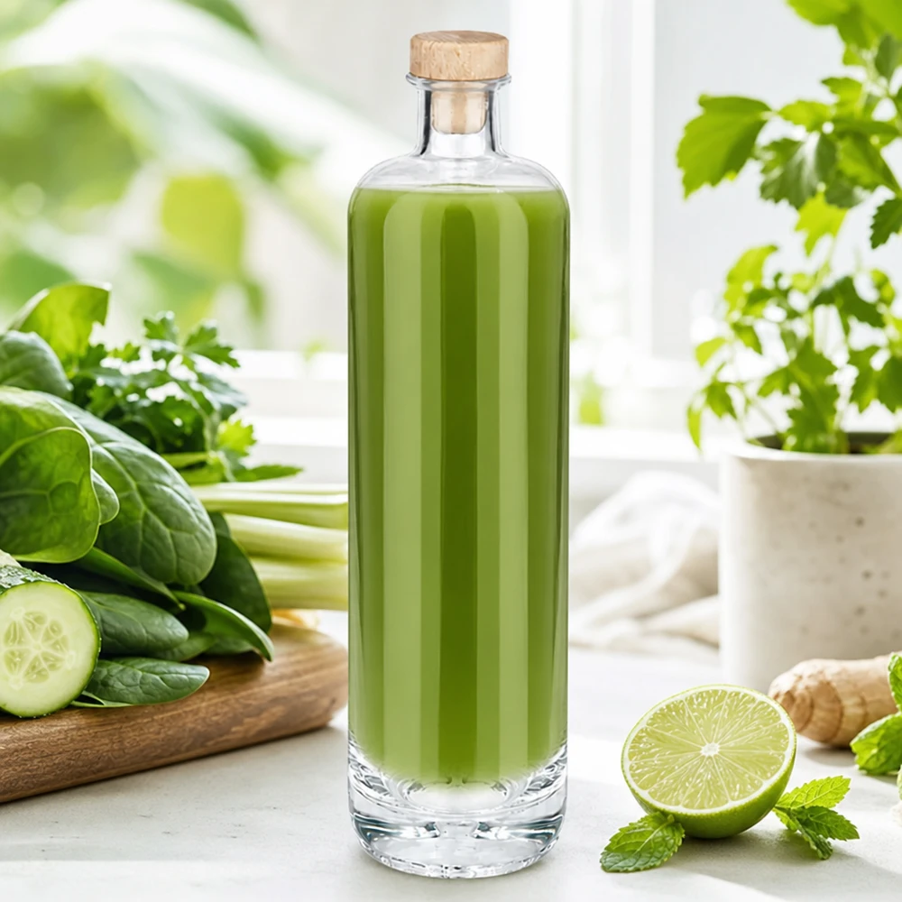 Bouteille en verre Ella de 700 ml remplie de smoothie vert avec bouchon en bois entre des concombres frais, des citrons verts et des herbes.