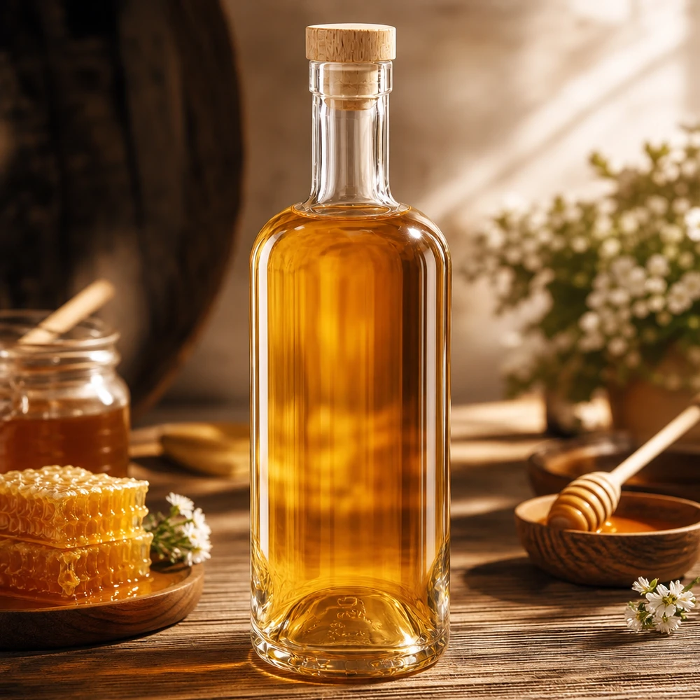 Bouteille en verre 750 ml « Emma » avec bouchon en bois UNiTWIST® Glasflasche Emma 750ml mit Holzkorken gefüllt mit Honig in rustikaler Küche mit Bienenwaben und Honigzubehör