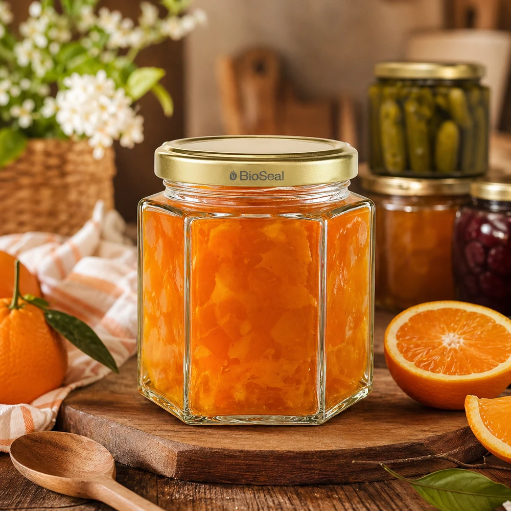 Pot à miel 520 g avec couvercle doré BioSeal UNiTWIST BioSeal 520g pot de miel hexagonal avec confiture d'orange sur planche en bois entouré d'oranges fraîches et de décoration de cuisine