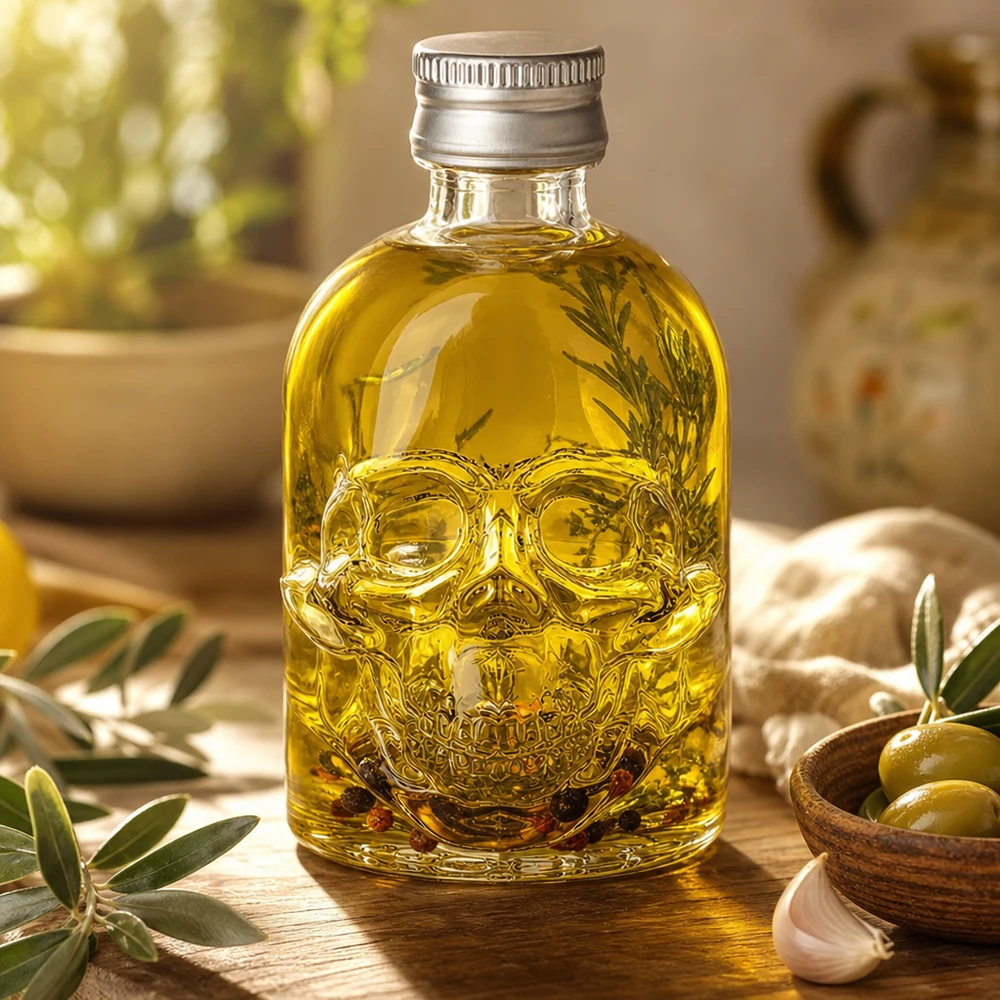 Bouteille en verre 50 ml « Hector » et bouchon à vis argenté UNiTWIST® Bouteille en verre Hector de 50 ml remplie d'huile d'olive et d'herbes aromatiques à côté des olives et de l'ail dans la cuisine méditerranéenne