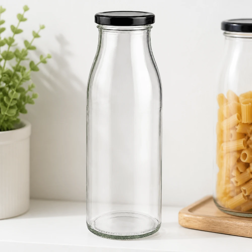 500ml Bouteille avec couvercle BasicSeal noir UNiTWIST Bouteille en verre transparent de 500ml vide avec couvercle noir BasicSeal dans un décor de cuisine stylé avec des pâtes et des herbes aromatiques
