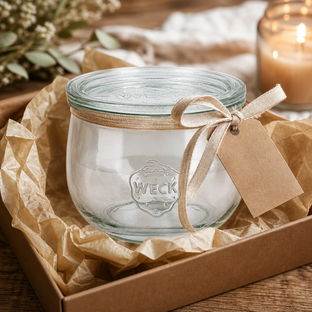 580ml bocal tulipe avec bouchon en verre WECK RR100 WECK Pot tulipe 580ml RR100 présenté comme une idée de cadeau dans un carton avec un ruban de décoration et un pendentif