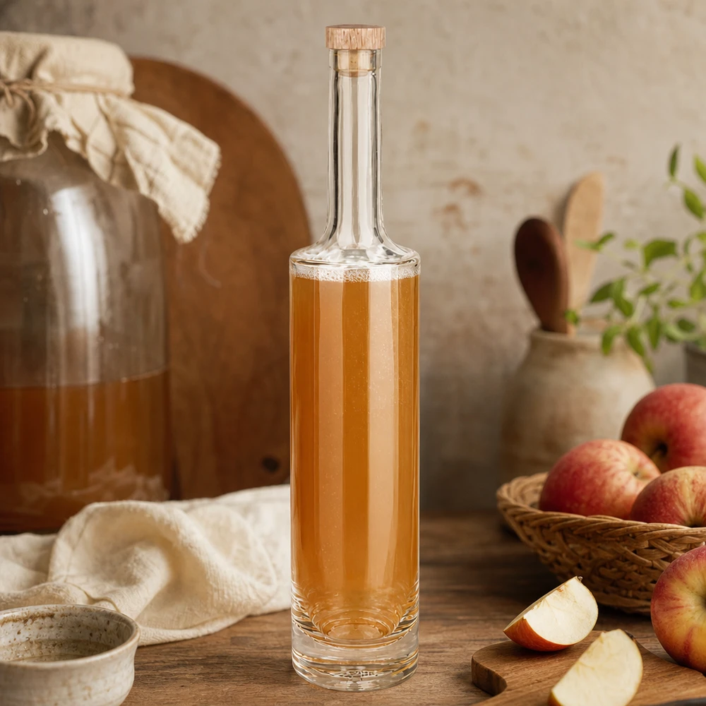 Bouteille en verre 500 ml « Rosa » avec bouchon en bois UNiTWIST® 500ml Glasflasche Rosa mit Apfelbrand gefüllt in rustikaler Küche neben frischen Äpfeln und Holzutensilien